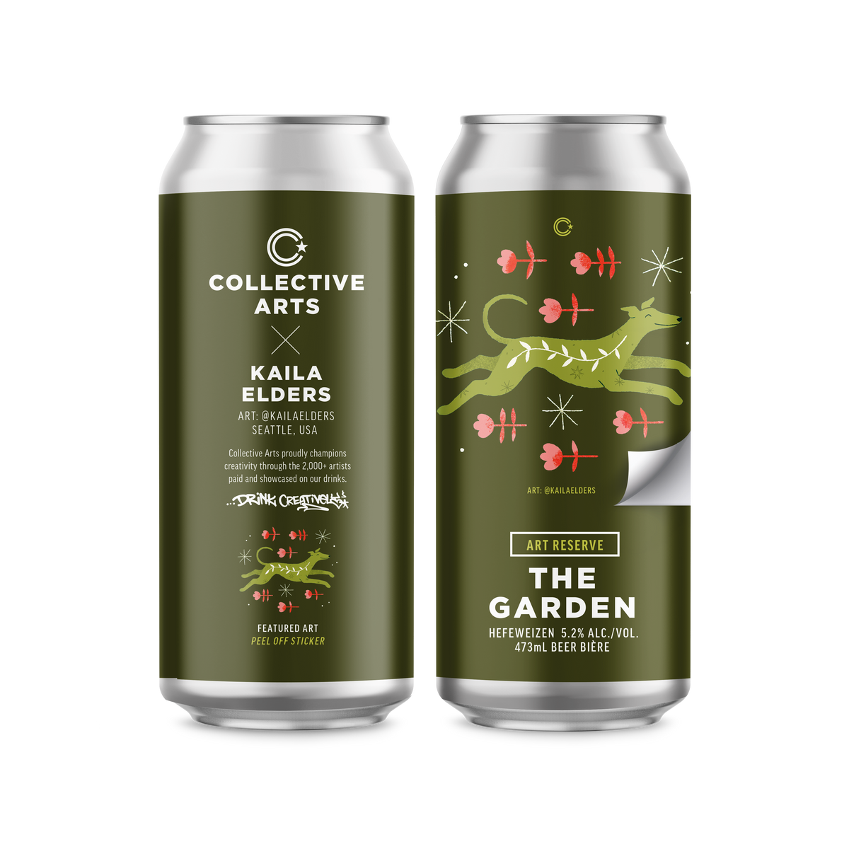 Two cans of Collective Arts, Art Reserve beer with art by Kaila Elders
