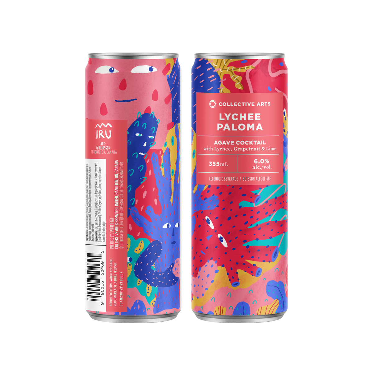 back and front of a can of Collective Art's Lychee Paloma Tropical Cocktail
